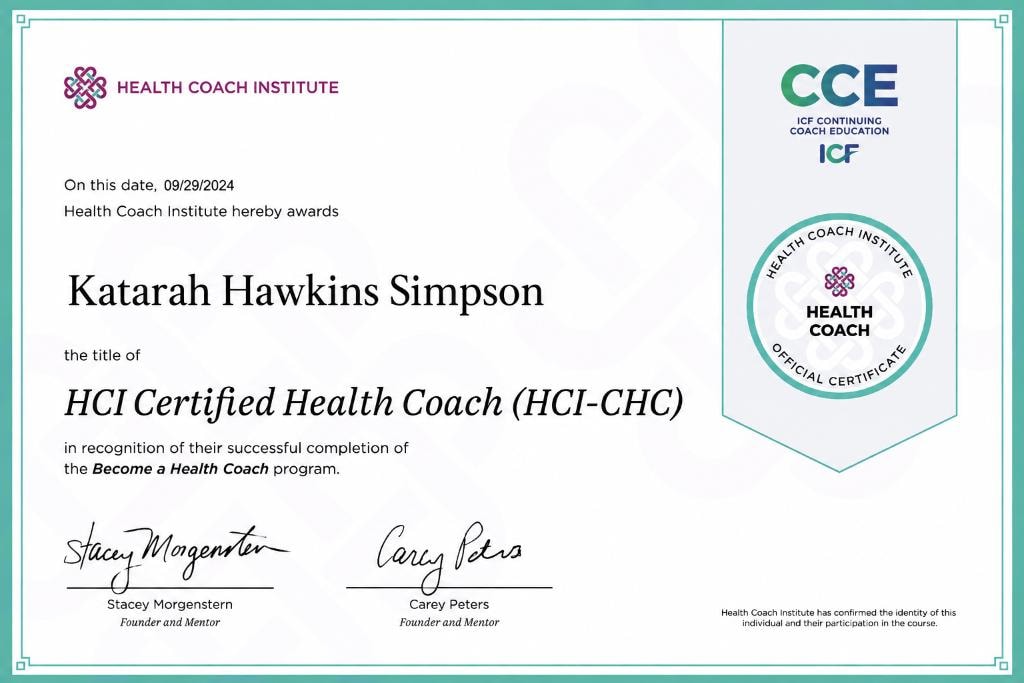 HCI Certified Health Coach certificate awarded to Katarah Hawkins Simpson