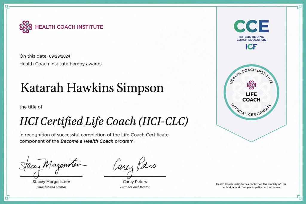 HCI Certified Life Coach certificate awarded to Katarah Hawkins Simpson